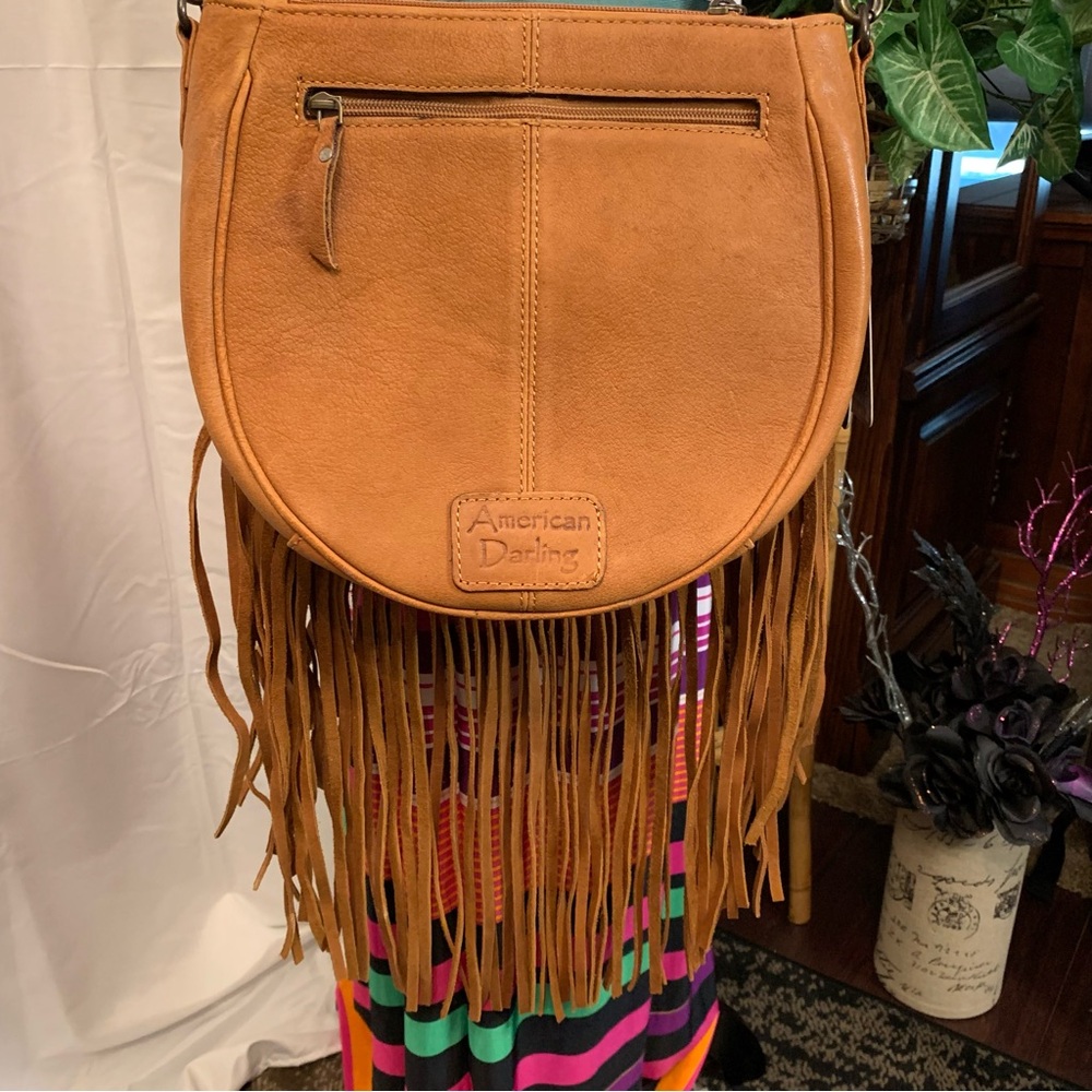 🌟Price Drop🌟❤️American Darling Tan Leather & Tooling Fringed Shoulder Bag - Picture 5 of 14